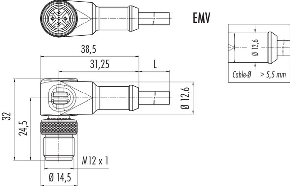 Binder 77-3527-0000-50704-0200 M12-A Male angled connector, Contacts: 4, shielded, moulded on the cable, IP67, UL, PUR, black, 4 x 0.34 mm², 2 m