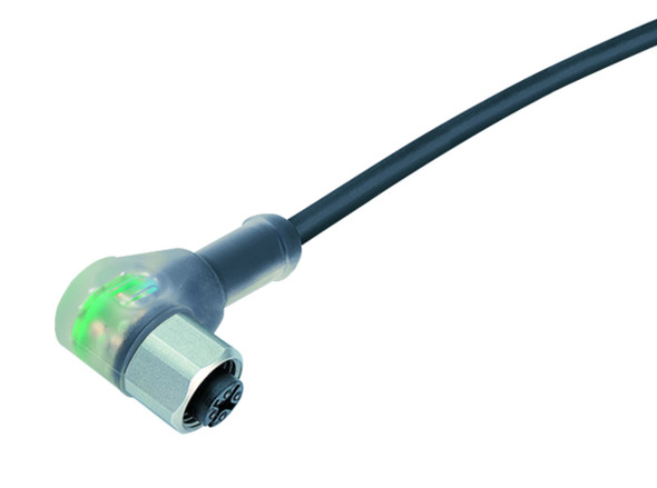 Binder 77-3834-0000-50003-0500 M12-A Female angled connector, Contacts: 3, unshielded, moulded on the cable, IP69K, UL, PUR, black, 3 x 0.34 mm², with LED PNP closer, stainless steel, 5 m | American Cable Assemblies