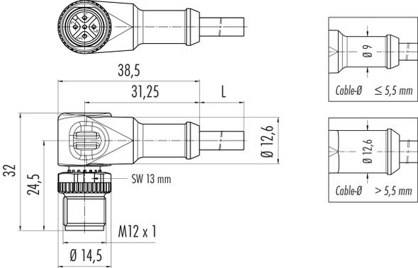 Binder 77-3427-0000-50608-0500 M12-A Male angled connector, Contacts: 8, shielded, moulded on the cable, IP67, UL, PUR, black, 7 x 0.25 mm², 5 m