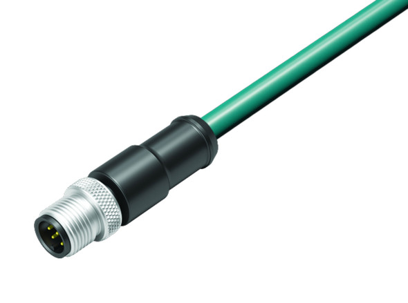 Binder 77-3529-0000-34708-0500 M12-A Male cable connector, Contacts: 8, shielded, moulded on the cable, IP67, Ethernet CAT5e, TPE, blue green, 4 x 2 x AWG 24, 5 m | American Cable Assemblies