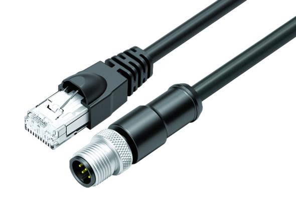 Binder 77-9753-3529-64708-0060 M12-A Connecting cable male cable connector - RJ45 connector, Contacts: 8, shielded, moulded on the cable, IP67, Ethernet CAT5e, TPE, black, 4 x 2 x AWG 24, 0.6 m | American Cable Assemblies