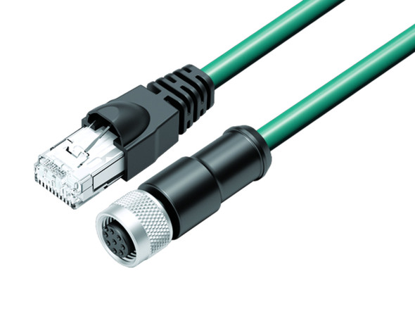 Binder 77-9753-3530-34708-0030 M12-A Connecting cable female cable connector - RJ45 connector, Contacts: 8, shielded, moulded on the cable, IP67, Ethernet CAT5e, TPE, blue green, 4 x 2 x AWG 24, 0.3 m | American Cable Assemblies