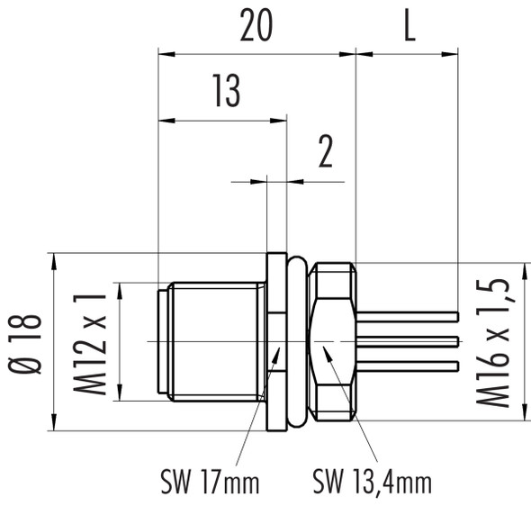 Binder 76-4331-0011-00004-0200 M12-A Male panel mount connector, Contacts: 4, unshielded, single wires, IP67, UL, M16x1,5