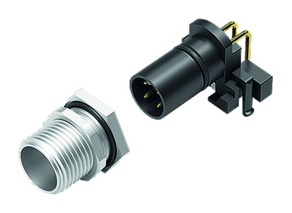 Binder 99-3481-202-08 M12-A Male angled panel mount connector, Contacts: 8, unshielded, THR, IP68, UL, for PCB assembly | American Cable Assemblies