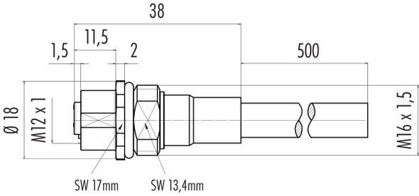 Binder 70-3442-785-05 M12-A Female panel mount connector, Contacts: 5, 5.3 mm, shielded, with cable assembled, IP68, M16x1,5, PUR, 5 x 0.25 mm², 0.5 m