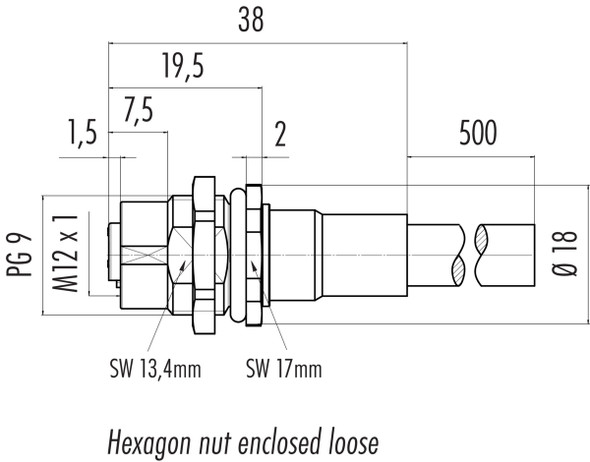 Binder 70-3442-287-05 M12-A Female panel mount connector, Contacts: 5, shielded, with cable assembled, IP68, PG 9, PUR, 5 x 0.25 mm², front fastened, 0.5 m