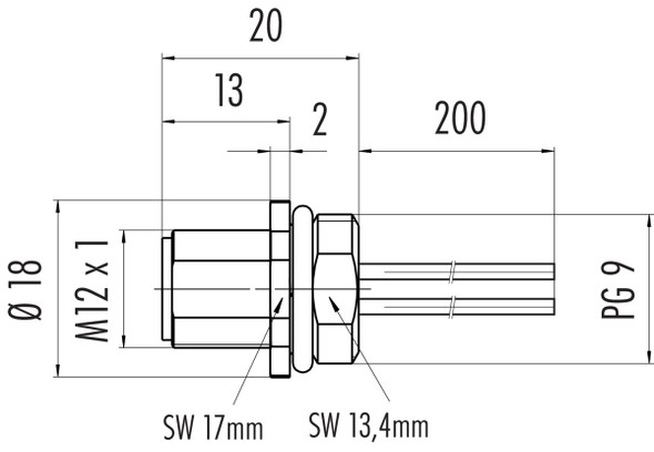 Binder 09-3441-433-05 M12-A Male panel mount connector, Contacts: 5, unshielded, single wires, IP67, UL, VDE, PG 9, for the power supply