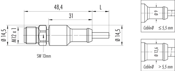 Binder 77-3729-0000-20405-0500 M12-A Male cable connector, Contacts: 5, unshielded, moulded on the cable, IP69K, UL, Ecolab, PVC, grey, 5 x 0.34 mm², stainless steel, 5 m