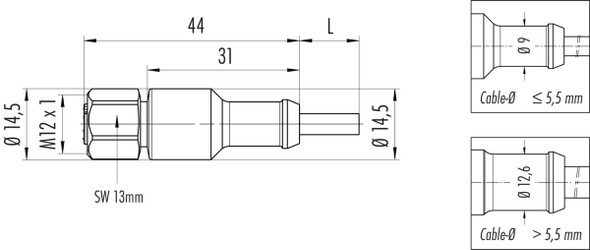 Binder 77-3730-0000-20403-0200 M12-A Female cable connector, Contacts: 3, unshielded, moulded on the cable, IP69K, UL, Ecolab, PVC, grey, 3 x 0.34 mm², stainless steel, 2 m