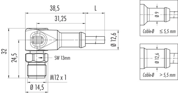 Binder 77-3727-0000-20912-0200 M12-A Male angled connector, Contacts: 12, unshielded, moulded on the cable, IP69K, UL, Ecolab, PVC, grey, 12 x 0.25 mm², stainless steel, 2 m