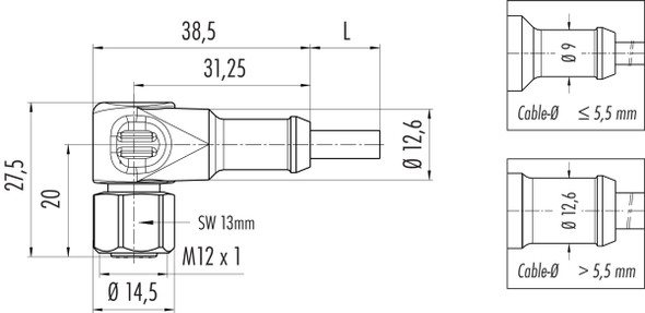 Binder 77-3734-0000-20404-1000 M12-A Female angled connector, Contacts: 4, unshielded, moulded on the cable, IP69K, UL, Ecolab, PVC, grey, 4 x 0.34 mm², stainless steel, 10 m