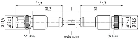 Binder 77-3430-3429-50004-0030 M12-A Connecting cable male cable connector - female cable connector, Contacts: 4, unshielded, moulded on the cable, IP69K, UL, PUR, black, 4 x 0.34 mm², 0.3 m