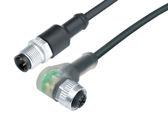 Binder 77-3634-3429-50004-0200 M12-A Connecting cable male cable connector - female angled connector with LED, Contacts: 4, unshielded, moulded on the cable, IP69K, UL, PUR, black, 4 x 0.34 mm², 2 m | American Cable Assemblies