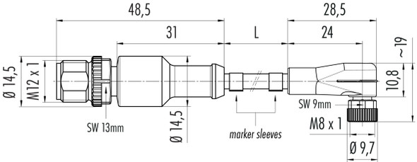 Binder 77-3429-3408-20004-0060 Connecting Cables Male cable connector - female angled connector, Contacts: 4, unshielded, moulded on the cable, IP67, UL, PVC, grey, 4 x 0.34 mm², 0.6 m