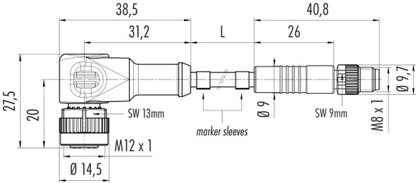 Binder 77-3434-3405-20003-0200 Connecting Cables Male cable connector - female angled connector, Contacts: 3, unshielded, moulded on the cable, IP67, UL, PVC, grey, 3 x 0.34 mm², 2 m