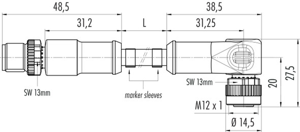 Binder 77-3434-3429-20708-0030 M12-A Connecting cable male cable connector - female angled connector, Contacts: 8, unshielded, moulded on the cable, IP68/IP69K, UL, PVC, grey, 8 x 0.25 mm², 0.3 m