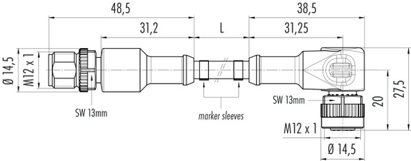Binder 77-3434-3429-30003-1000 M12-A Connecting cable male cable connector - female angled connector, Contacts: 3, unshielded, moulded on the cable, IP68/IP69K, UL, TPE, black, 3 x AWG 22, 10 m