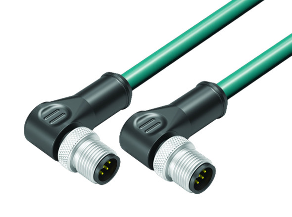 Binder 77-3527-3527-34708-0030 M12-A Connecting cable 2 male angled connector, Contacts: 8, shielded, moulded on the cable, IP67, Ethernet CAT5e, TPE, blue green, 4 x 2 x AWG 24, 0.3 m | American Cable Assemblies