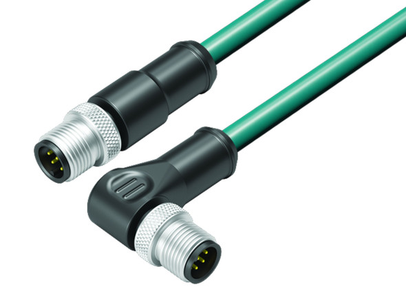 Binder 77-3529-3527-34708-0100 M12-A Connecting cable male cable connector - male angled connector, Contacts: 8, shielded, moulded on the cable, IP67, Ethernet CAT5e, TPE, blue green, 4 x 2 x AWG 24, 1 m | American Cable Assemblies