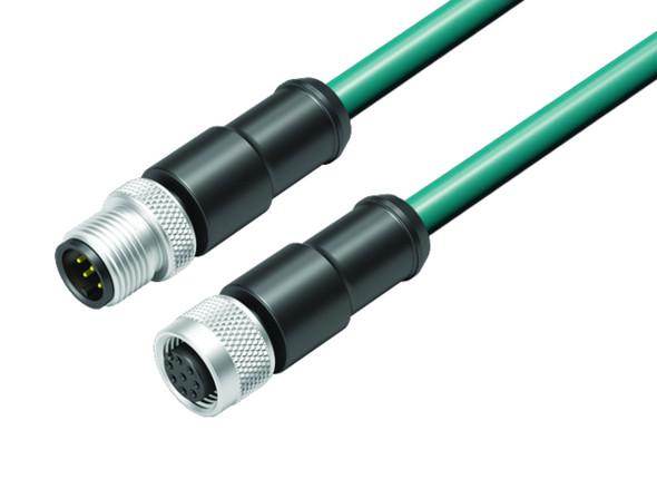 Binder 77-3530-3529-34708-0300 M12-A Connecting cable male cable connector - female cable connector, Contacts: 8, shielded, moulded on the cable, IP67, Ethernet CAT5e, TPE, blue green, 4 x 2 x AWG 24, 3 m | American Cable Assemblies