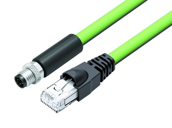 Binder 77-9753-5429-50704-0030 M8-D Connecting cable female cable connector - RJ45 connector, Contacts: 4, shielded, moulded on the cable, IP67, Profinet/Ethernet CAT5e, PUR, green, 4 x AWG 22, 0.3 m | American Cable Assemblies