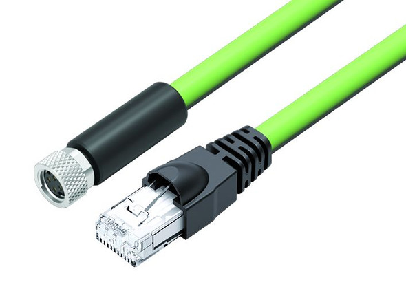 Binder 77-9753-5430-50704-0030 M8-D Connecting cable female cable connector - RJ45 connector, Contacts: 4, shielded, moulded on the cable, IP67, Profinet/Ethernet CAT5e, PUR, green, 4 x AWG 22, 0.3 m | American Cable Assemblies