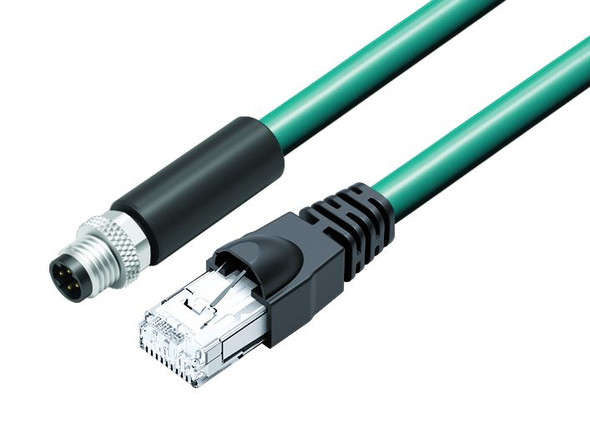 Binder 77-9753-5430-34704-0300 M8-D Connecting cable female cable connector - RJ45 connector, Contacts: 4, shielded, moulded on the cable, IP67, Ethernet CAT5e, TPE, blue green, 2 x 2 x AWG 24, 3 m | American Cable Assemblies