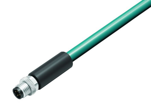 Binder 77-5429-0000-34704-1000 M8-D Male cable connector, Contacts: 4, shielded, moulded on the cable, IP67, Ethernet CAT5e, TPE, blue green, 2 x 2 x AWG 24, 10 m | American Cable Assemblies