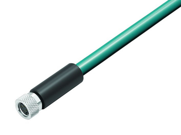 Binder 77-5430-0000-34704-0100 M8-D Female cable connector, Contacts: 4, shielded, moulded on the cable, IP67, Ethernet CAT5e, TPE, blue green, 2 x 2 x AWG 24, 1 m | American Cable Assemblies