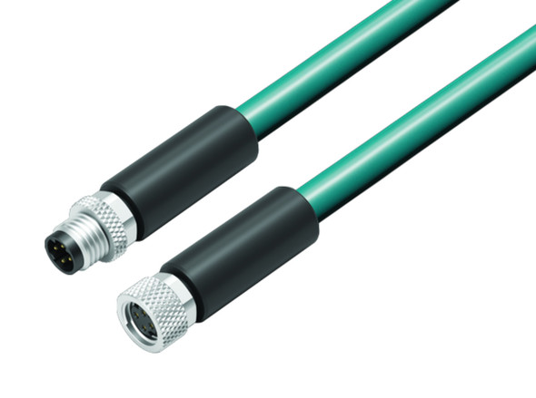 Binder 77-5430-5429-34704-0300 M8-D Connecting cable male cable connector - female cable connector, Contacts: 4, shielded, moulded on the cable, IP67, Ethernet CAT5e, TPE, blue green, 2 x 2 x AWG 24, 3 m | American Cable Assemblies