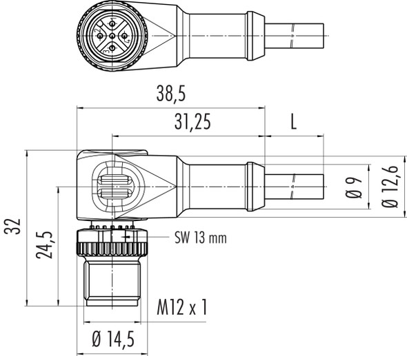 Binder 77-4427-0000-50003-0500 M12-B Male angled connector, Contacts: 3, unshielded, moulded on the cable, IP68, UL, PUR, black, 3 x 0.34 mm², 5 m