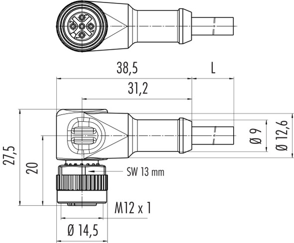 Binder 77-4434-0000-50004-1000 M12-B Female angled connector, Contacts: 4, unshielded, moulded on the cable, IP68, UL, PUR, black, 4 x 0.34 mm², 10 m