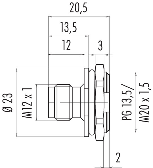 Binder 86-4633-1002-00004 M12-B Male panel mount connector, Contacts: 4, unshielded, solder, IP67, UL, M20x1,5, for the power supply