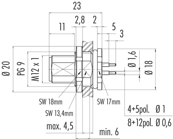 Binder 86-0533-1000-00004 M12-B Male panel mount connector, Contacts: 4, unshielded, THT, IP68, UL, PG 9, front fastened