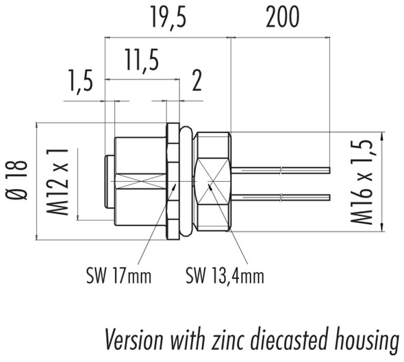 Binder 76-0234-0011-00104-0200 M12-B Female panel mount connector, Contacts: 4, unshielded, single wires, IP68, UL, M16x1,5