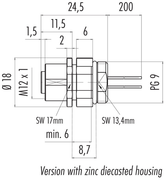 Binder 76-0734-0011-00104-0200 M12-B Female panel mount connector, Contacts: 4, unshielded, single wires, IP68, UL, PG 9