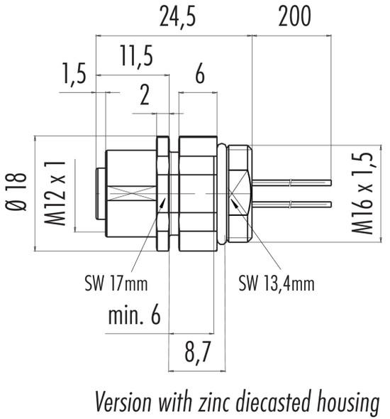 Binder 76-0834-0011-00104-0200 M12-B Female panel mount connector, Contacts: 4, unshielded, single wires, IP68, UL, M16x1,5, for the power supply