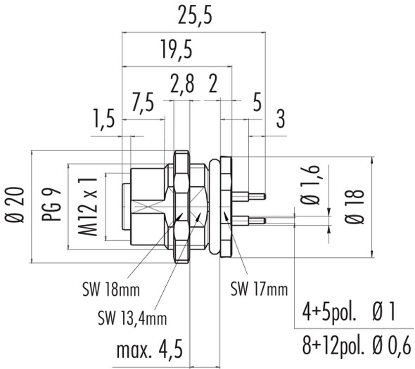 Binder 86-0534-1000-00005 M12-B Female panel mount connector, Contacts: 5, unshielded, THT, IP68, UL, PG 9, front fastened