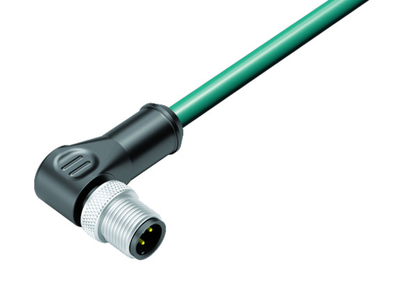 Binder 77-4527-0000-34704-0200 M12-D Male angled connector, Contacts: 4, shielded, moulded on the cable, IP67, Ethernet CAT5e, TPE, blue green, 2 x 2 x AWG 24, 2 m | American Cable Assemblies