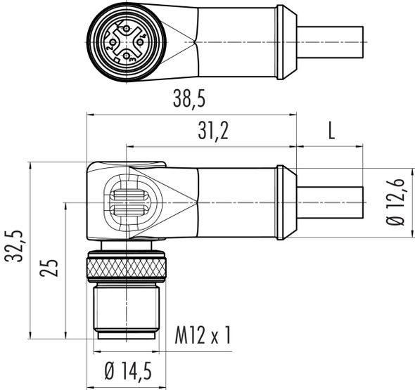 Binder 77-4527-0000-34704-0500 M12-D Male angled connector, Contacts: 4, shielded, moulded on the cable, IP67, Ethernet CAT5e, TPE, blue green, 2 x 2 x AWG 24, 5 m