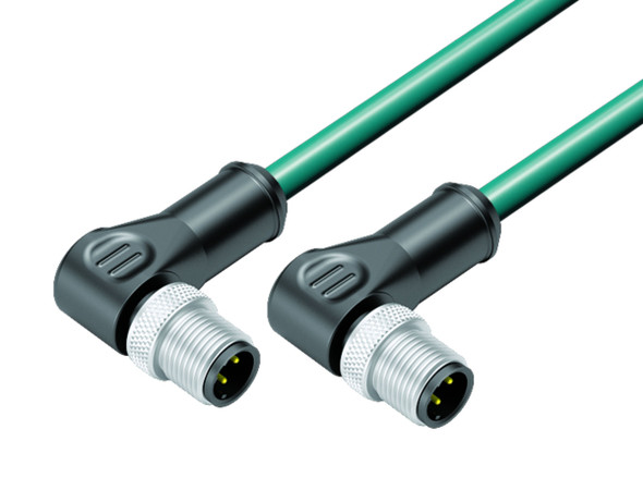 Binder 77-4527-4527-34704-0030 M12-D Connecting cable 2 male angled connector, Contacts: 4, shielded, moulded on the cable, IP67, Ethernet CAT5e, TPE, blue green, 2 x 2 x AWG 24, 0.3 m | American Cable Assemblies