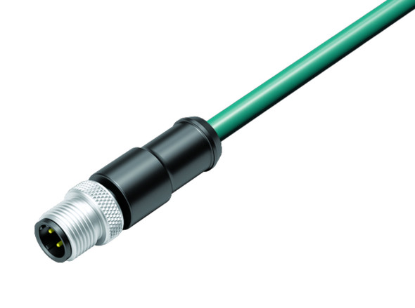 Binder 77-4529-0000-34704-0300 M12-D Male cable connector, Contacts: 4, shielded, moulded on the cable, IP67, UL, Ethernet CAT5e, TPE, blue green, 2 x 2 x AWG 24, 3 m | American Cable Assemblies