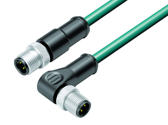 Binder 77-4529-4527-34704-0100 M12-D Connecting cable male cable connector - male angled connector, Contacts: 4, shielded, moulded on the cable, IP67, Ethernet CAT5e, TPE, blue green, 2 x 2 x AWG 24, 1 m | American Cable Assemblies