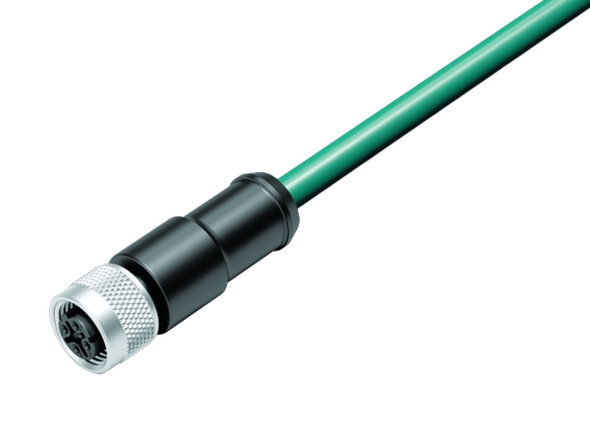 Binder 77-4530-0000-34704-0200 M12-D Female cable connector, Contacts: 4, shielded, moulded on the cable, IP67, UL, Ethernet CAT5e, TPE, blue green, 2 x 2 x AWG 24, 2 m | American Cable Assemblies