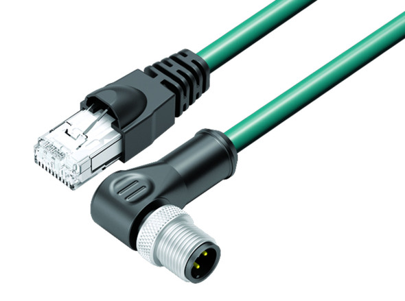 Binder 77-9753-4527-34704-0030 M12-D Connecting cable male angled connector - RJ45 connector, Contacts: 4, shielded, moulded on the cable, IP67, Ethernet CAT5e, TPE, blue green, 2 x 2 x AWG 24, 0.3 m | American Cable Assemblies