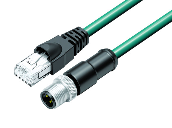 Binder 77-9753-4529-34704-0030 M12-D Connecting cable male cable connector - RJ45 connector, Contacts: 4, shielded, moulded on the cable, IP67, Ethernet CAT5e, TPE, blue green, 2 x 2 x AWG 24, 0.3 m | American Cable Assemblies