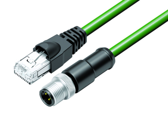 Binder 77-9753-4529-50704-0030 M12-D Connecting cable male cable connector - RJ45 connector, Contacts: 4, shielded, moulded on the cable, IP67, Profinet/Ethernet CAT5e, PUR, green, 0.3 m | American Cable Assemblies