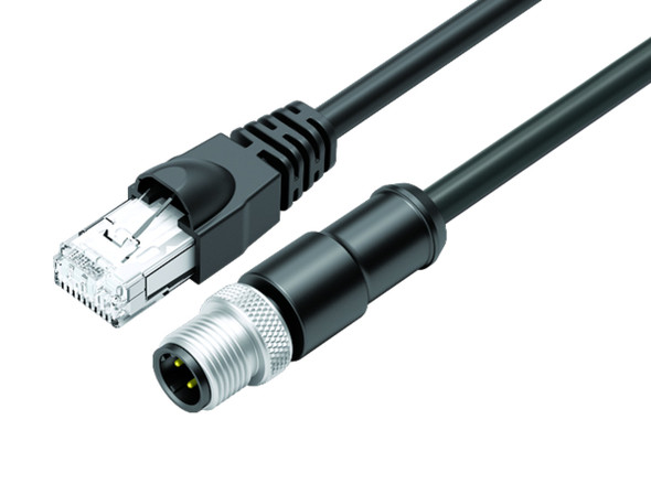 Binder 77-9753-4529-64704-0030 M12-D Connecting cable male cable connector - RJ45 connector, Contacts: 4, shielded, moulded on the cable, IP67, Ethernet CAT5e, TPE, black, 2 x 2 x AWG 24, 0.3 m | American Cable Assemblies