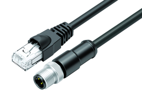 Binder 77-9753-4529-64704-0060 M12-D Connecting cable male cable connector - RJ45 connector, Contacts: 4, shielded, moulded on the cable, IP67, Ethernet CAT5e, TPE, black, 2 x 2 x AWG 24, 0.6 m | American Cable Assemblies