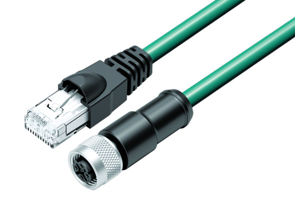 Binder 77-9753-4530-34704-0100 M12-D Connecting cable female cable connector - RJ45 connector, Contacts: 4, shielded, moulded on the cable, IP67, Ethernet CAT5e, TPE, blue green, 2 x 2 x AWG 24, 1 m | American Cable Assemblies
